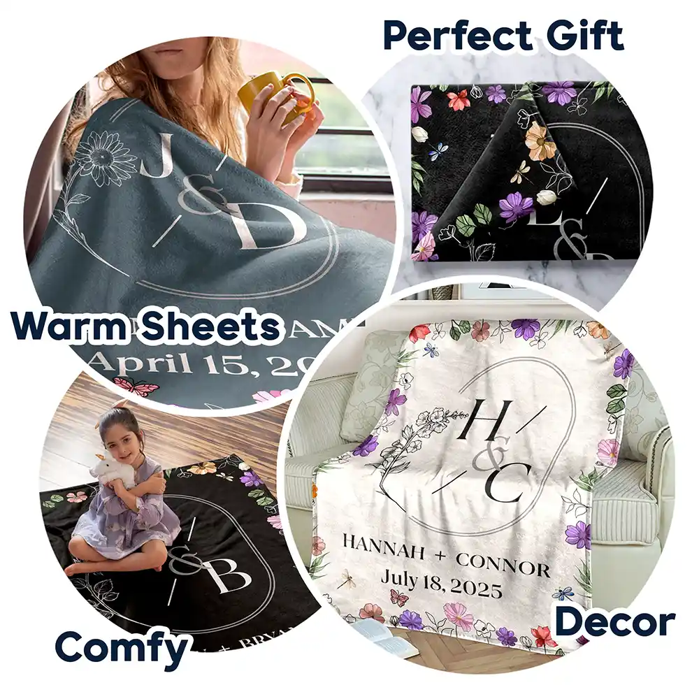 Married Couple Birth Flower Letter - Personalized Fleece Blanket, Sherpa Blanket - Image 7