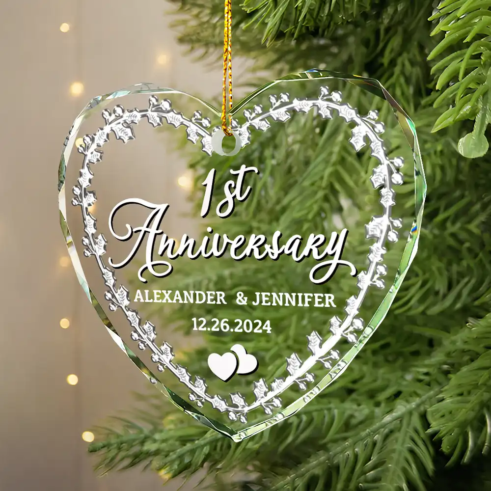 Married Couple Wedding Anniversary Milestones - 3D Precious Stone And Metal Effect Printed, Personalized Heart Shaped Glass Ornament - Image 2