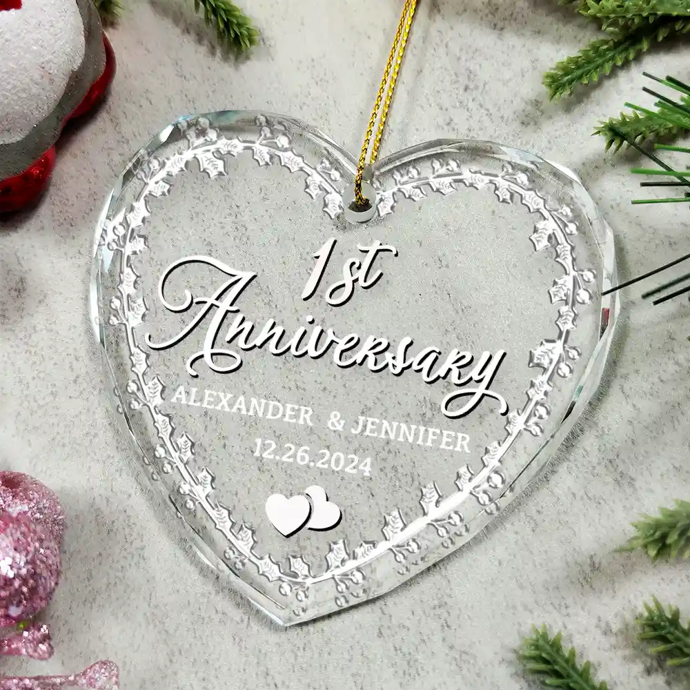 Married Couple Wedding Anniversary Milestones - 3D Precious Stone And Metal Effect Printed, Personalized Heart Shaped Glass Ornament - Image 4