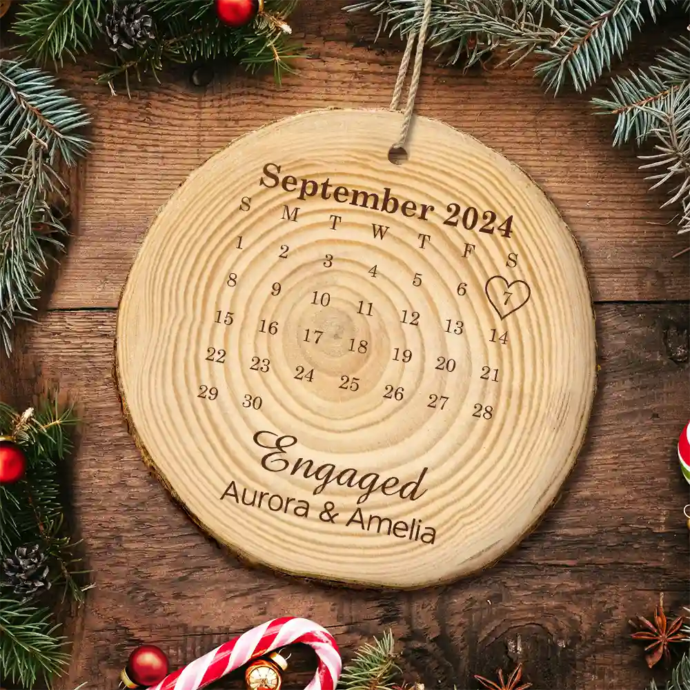 Married Engaged Anniversary Calendar Christmas Couple - Personalized Wood Slice Ornament - Image 5