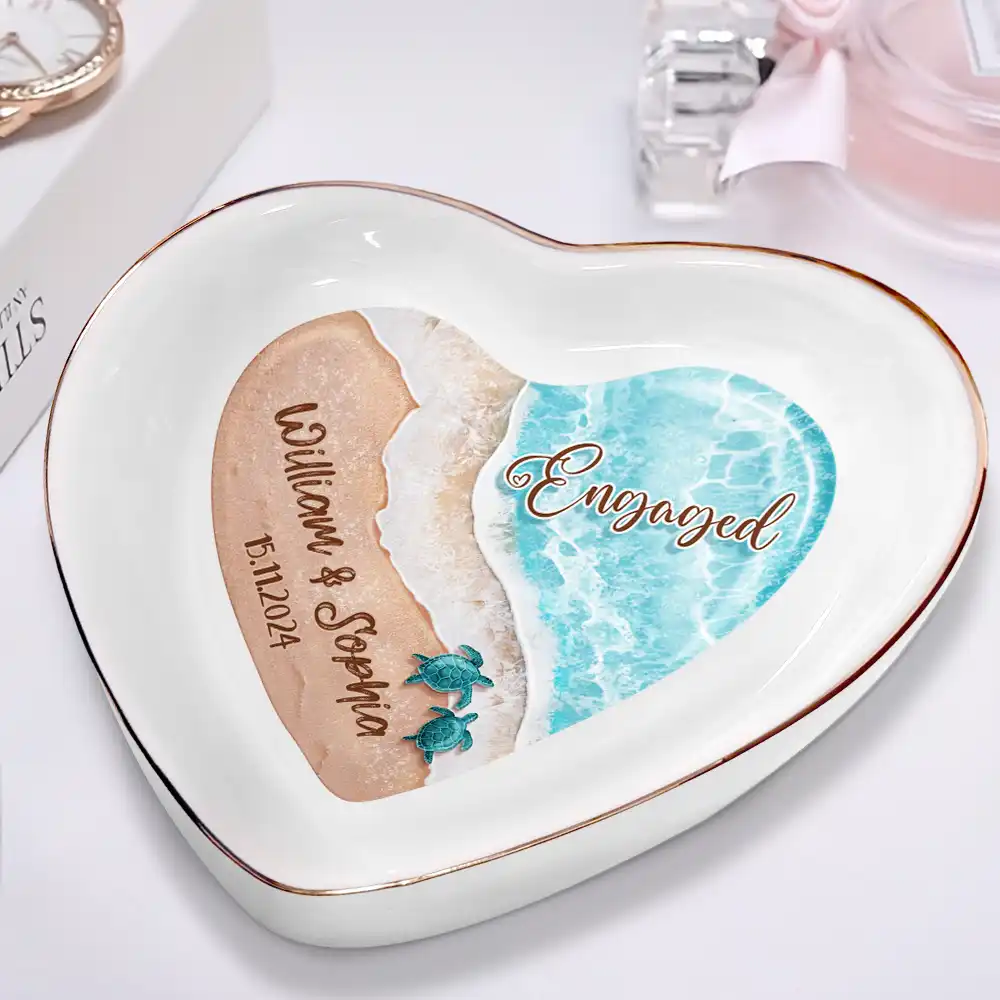Married Engaged Couple & The Sea Wedding - Personalized Heart Ring Dish - Image 2