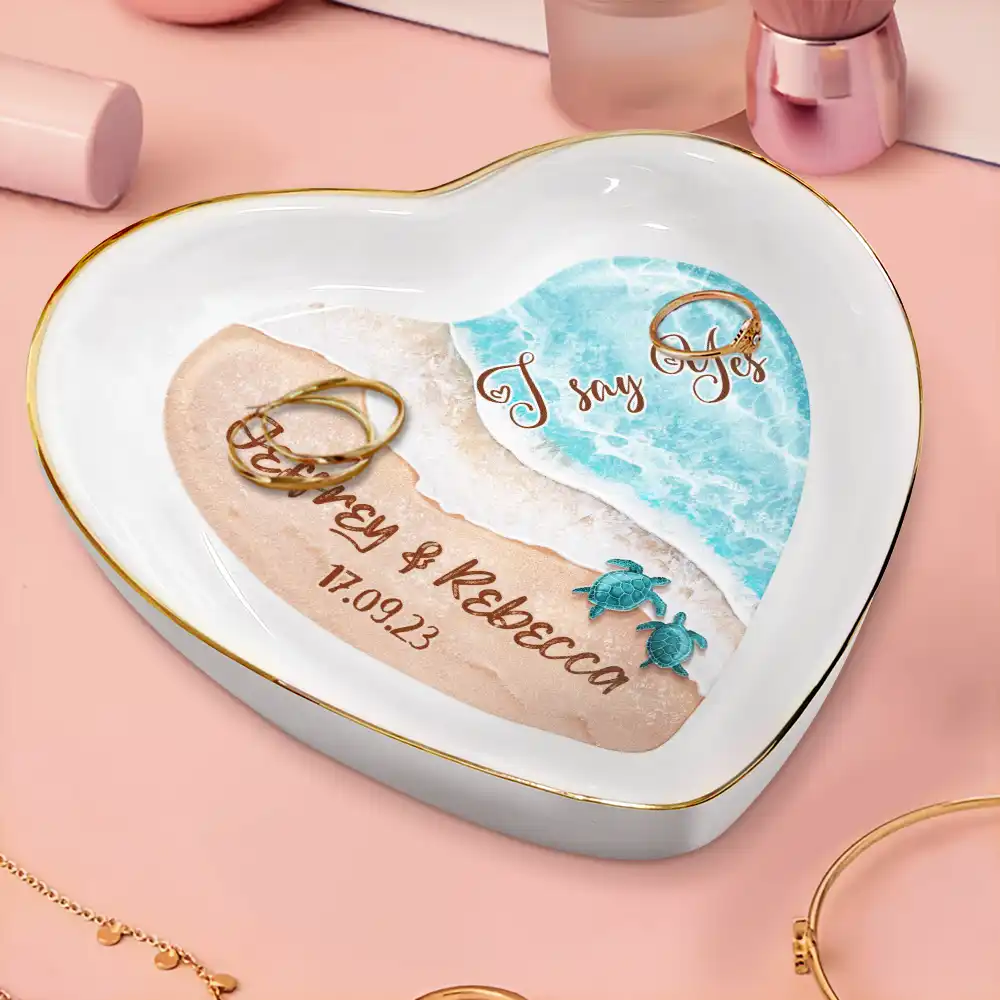 Married Engaged Couple & The Sea Wedding - Personalized Heart Ring Dish - Image 3