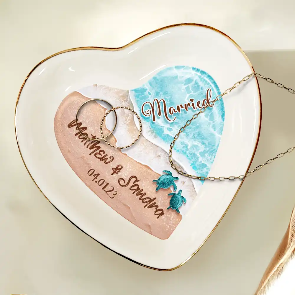 Married Engaged Couple & The Sea Wedding - Personalized Heart Ring Dish - Image 4