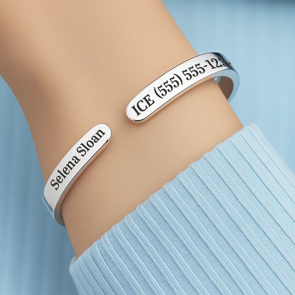 Medical ID Health Condition - Personalized Bangle Bracelet Cuff - Image 4