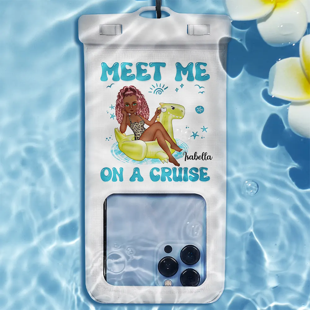 Meet Me At The Beach Cartoon Girl On Float - Personalized Waterproof Phone Pouch - Image 2