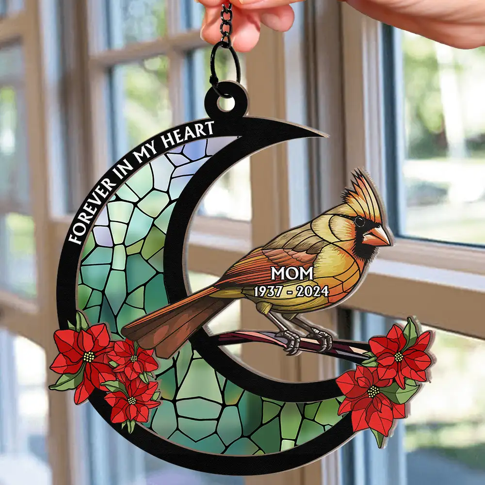 Memorial Cardinal Stained Glass Moon - Personalized Window Hanging Suncatcher Ornament - Image 2