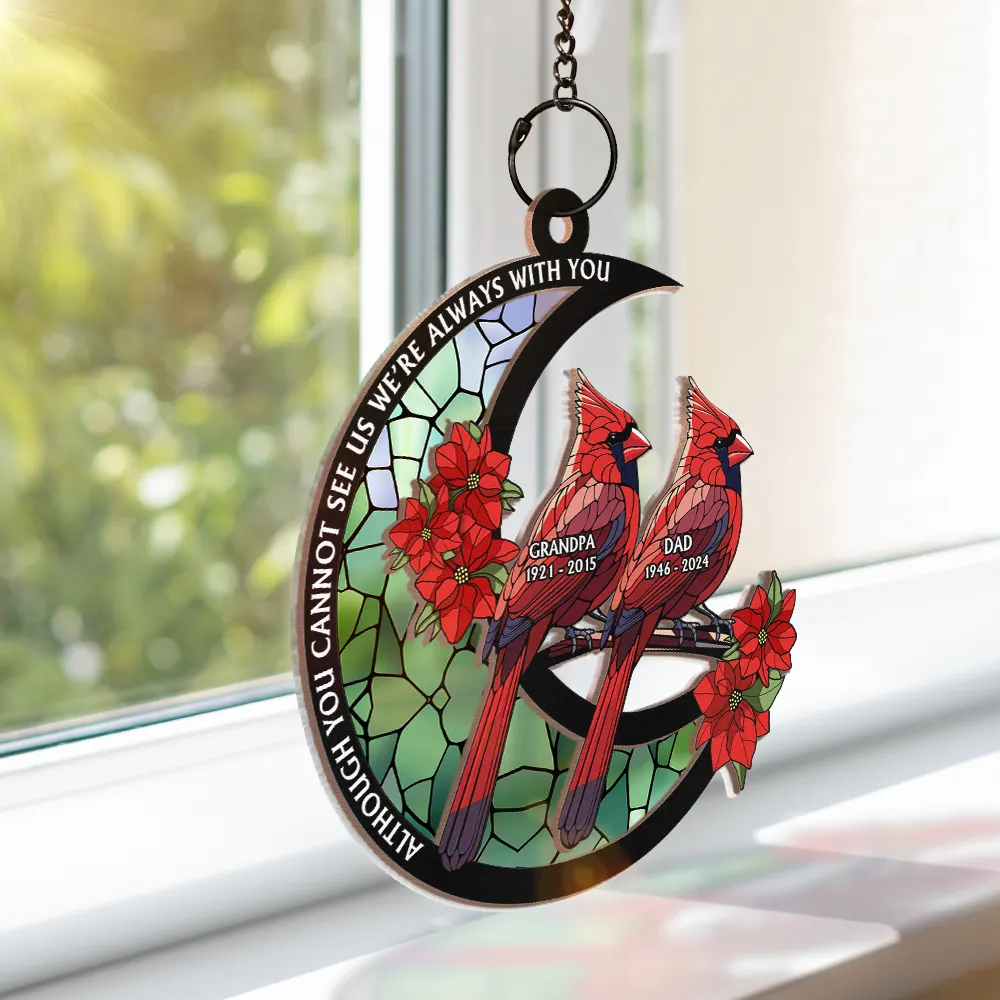 Memorial Cardinal Stained Glass Moon - Personalized Window Hanging Suncatcher Ornament - Image 3