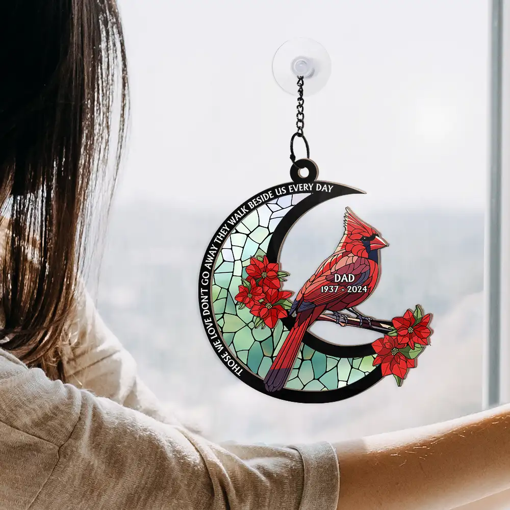 Memorial Cardinal Stained Glass Moon - Personalized Window Hanging Suncatcher Ornament - Image 4