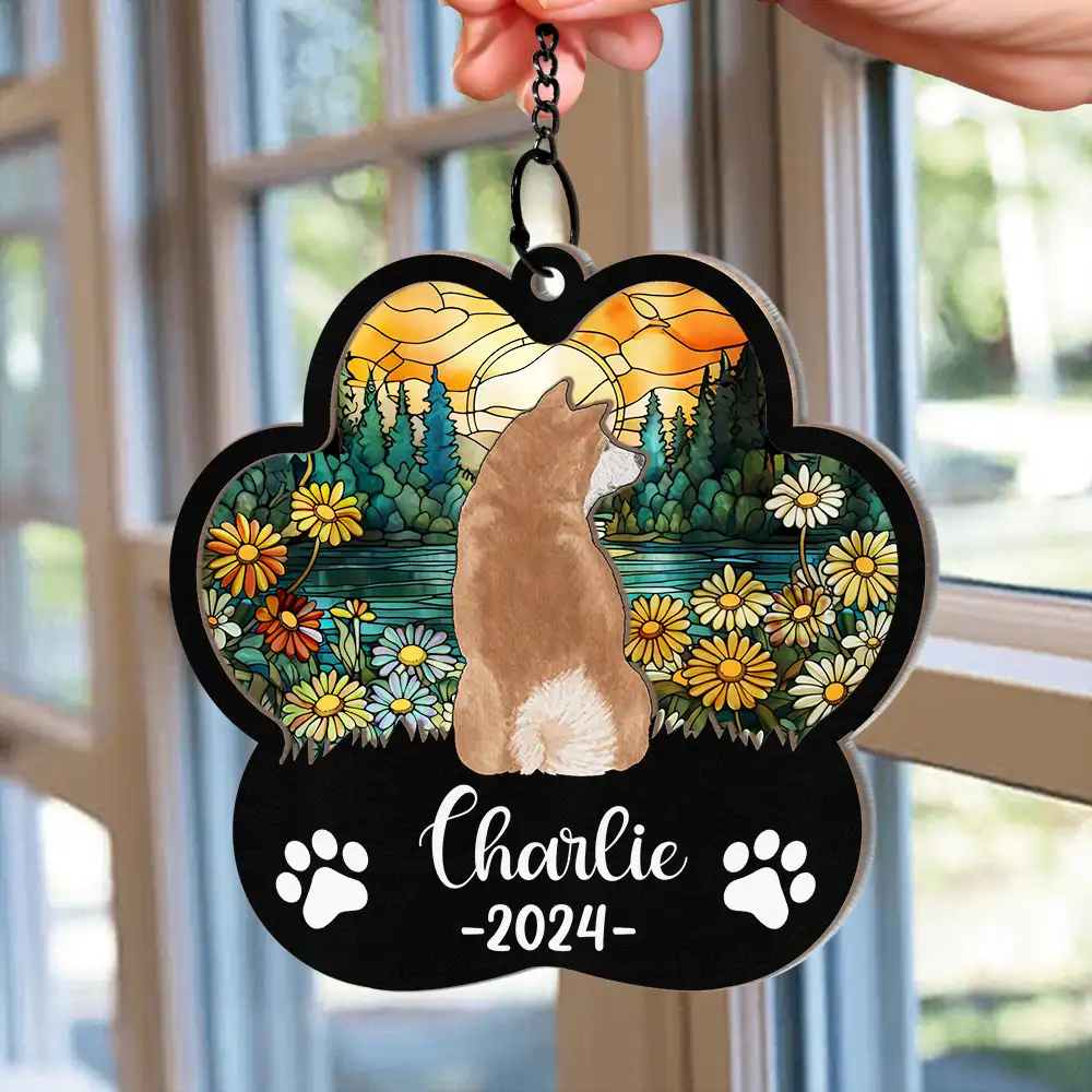 Memorial Dog Cat Sunflower - Personalized Window Hanging Suncatcher Ornament - Image 2