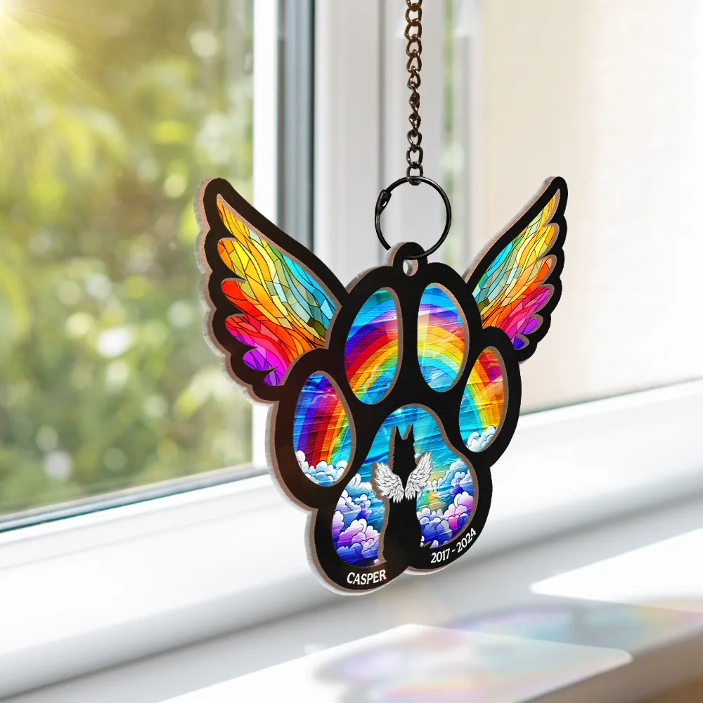 Memorial Dog Cat Waiting At The Rainbow Bridge - Personalized Window Hanging Suncatcher Ornament - Image 3