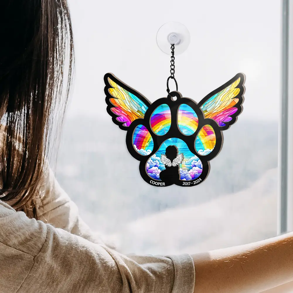 Memorial Dog Cat Waiting At The Rainbow Bridge - Personalized Window Hanging Suncatcher Ornament - Image 4