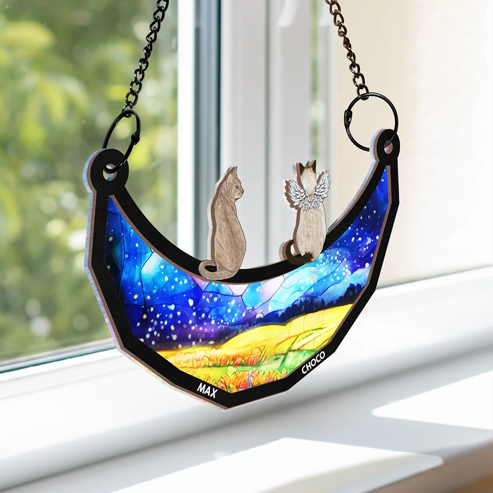 Memorial Dogs Cats Sitting On The Moon - Personalized Window Hanging Suncatcher Ornament - Image 3