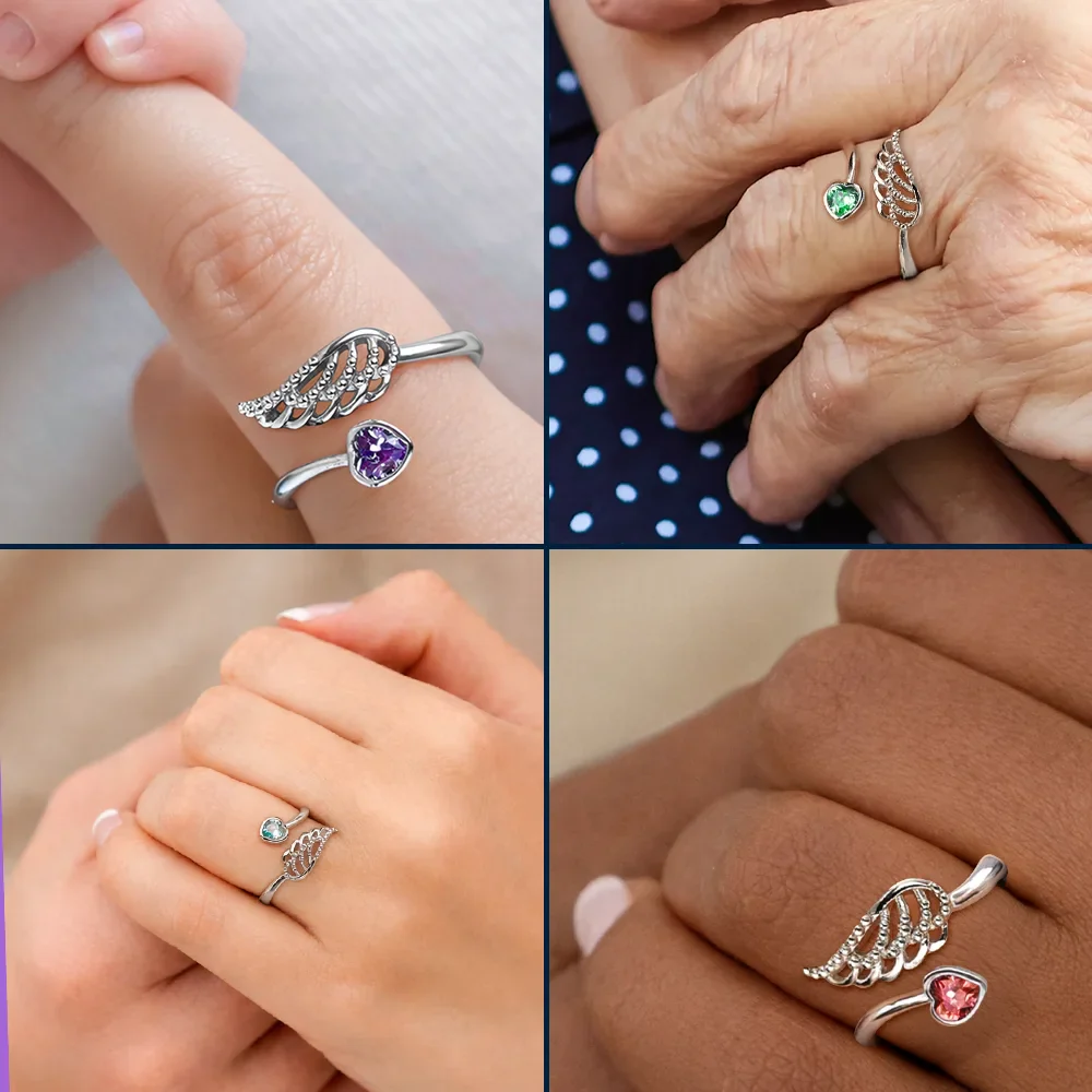 Memorial Family Mom Dad With Name & Year - Personalized Wing And Heart Birthstone Ring - Image 6