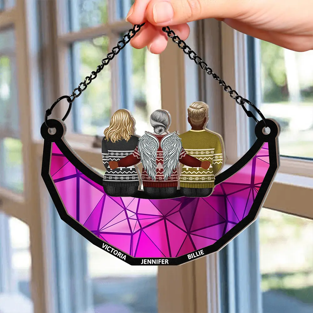 Memorial Family Sitting On The Moon - Personalized Window Hanging Suncatcher Ornament - Image 2