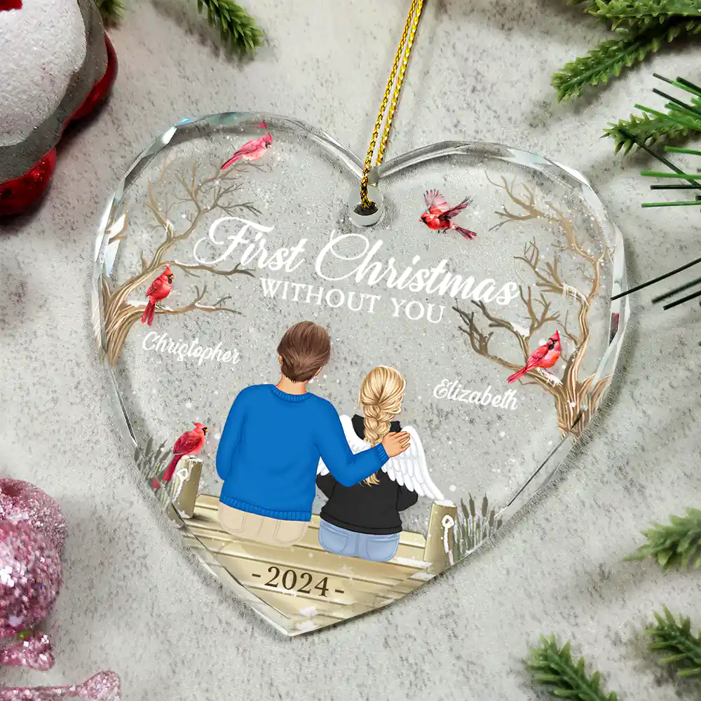 First Christmas Without You Memorial - Personalized Heart Shaped Glass Ornament - Image 4