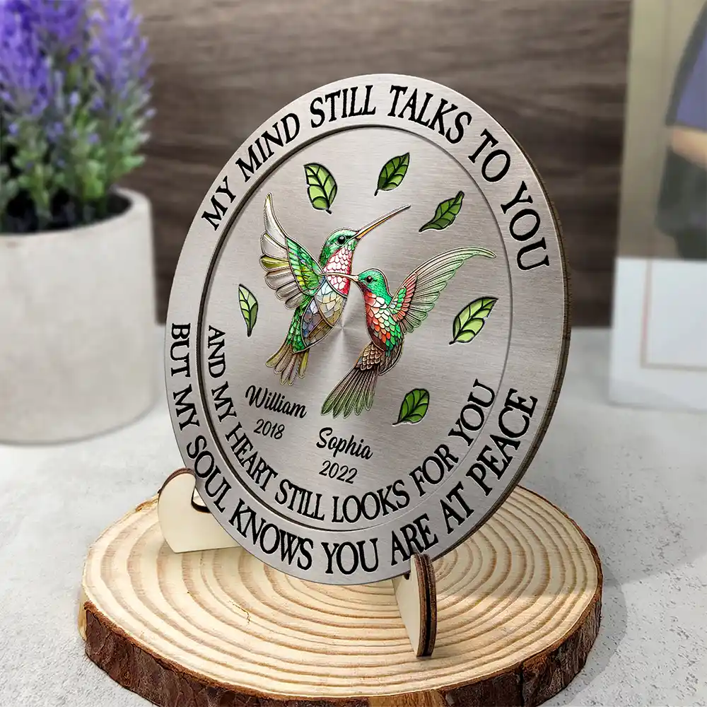 Memorial My Mind Still Talks To You - Personalized 2-Layered Wooden Plaque With Stand - Image 2