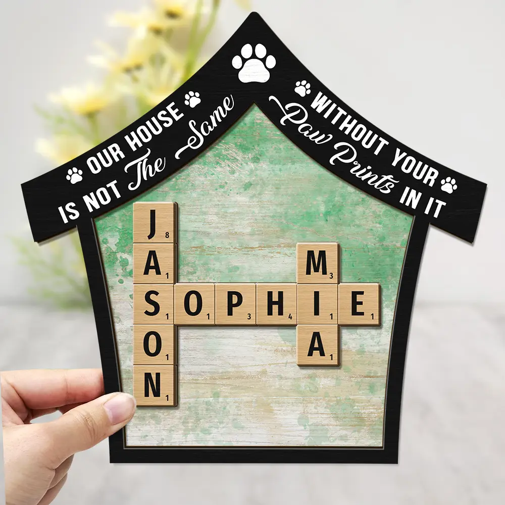 Memorial Our House Is Not The Same Without Dog Cat Paw Prints Crossword Scrabble - Personalized 2-Layered Wooden Plaque With Stand - Image 4