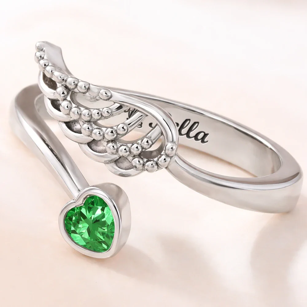 Memorial Your Loved One Family Loss Pet Loss - Personalized Wing And Heart Birthstone Ring - Image 3