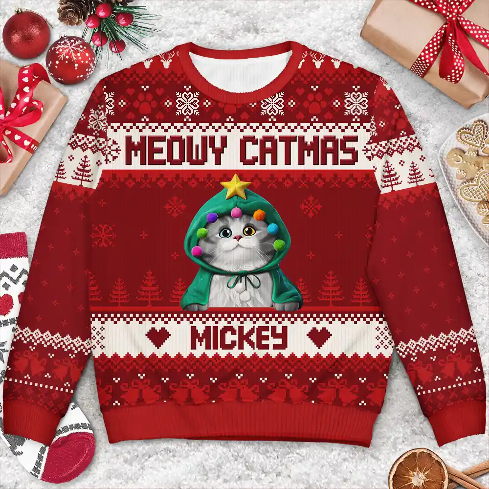 Meowy Catmas 3D Effect Cat - Personalized Unisex Ugly Sweater - Image 3