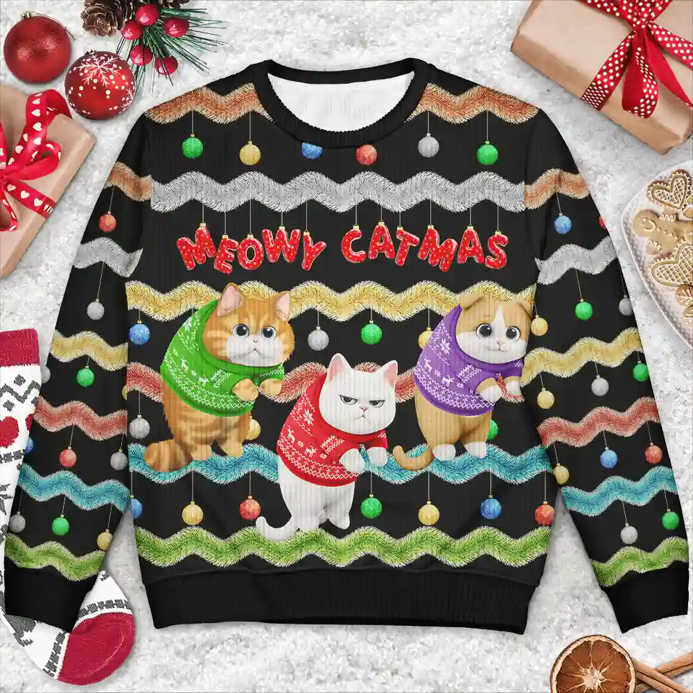 Meowy Catmas 3D Effect Hanging Cat Fun Tinsel - Personalized Unisex Ugly Sweater - Image 2