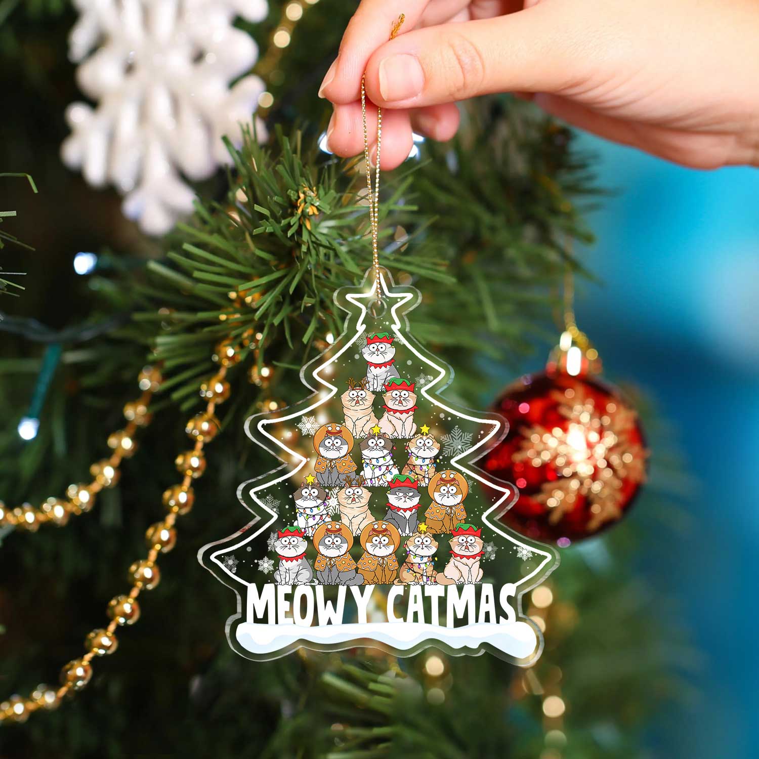 Meowy Catmas Cartoon Style - Christmas Gift For Cat Lovers - Personalized Custom Shaped Acrylic Ornament - Image 4