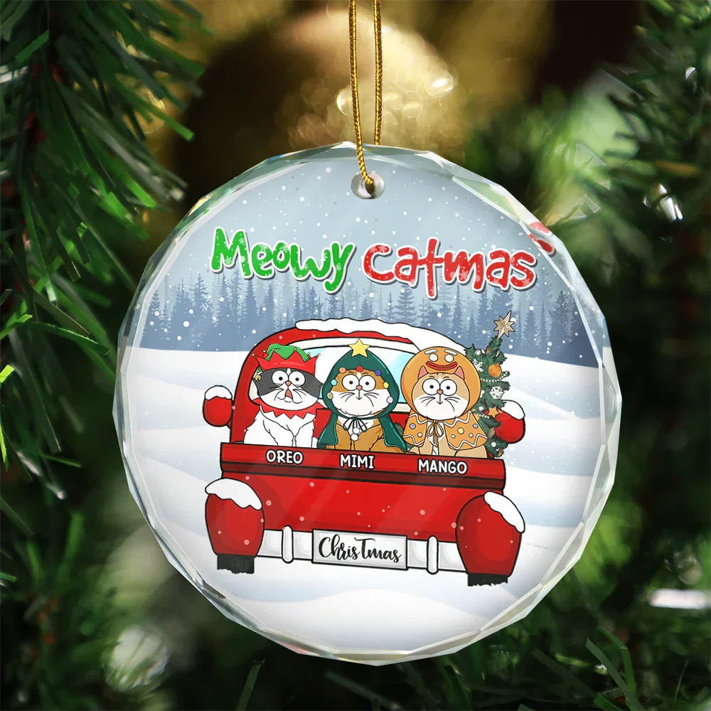 Meowy Catmas Christmas - Personalized Circle Glass Ornament - Image 3
