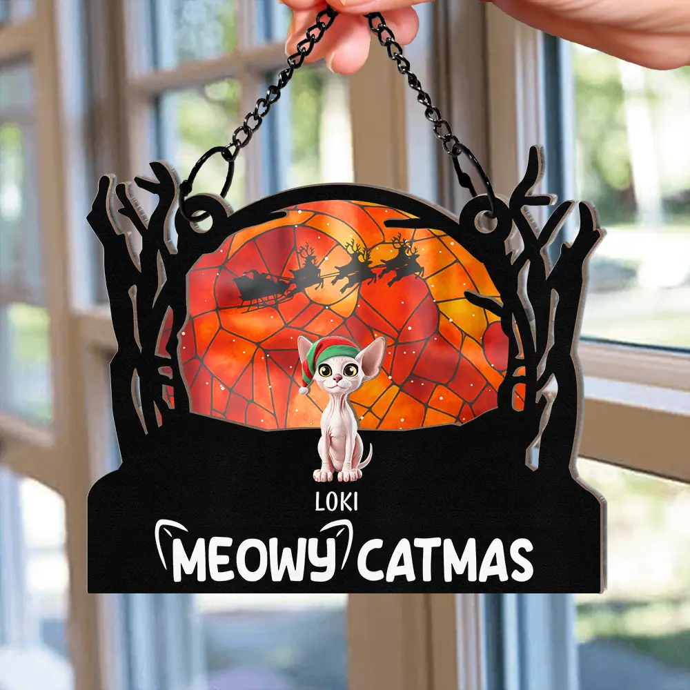 Meowy Catmas Christmas Pet Lovers - Personalized Window Hanging Suncatcher Ornament - Image 2