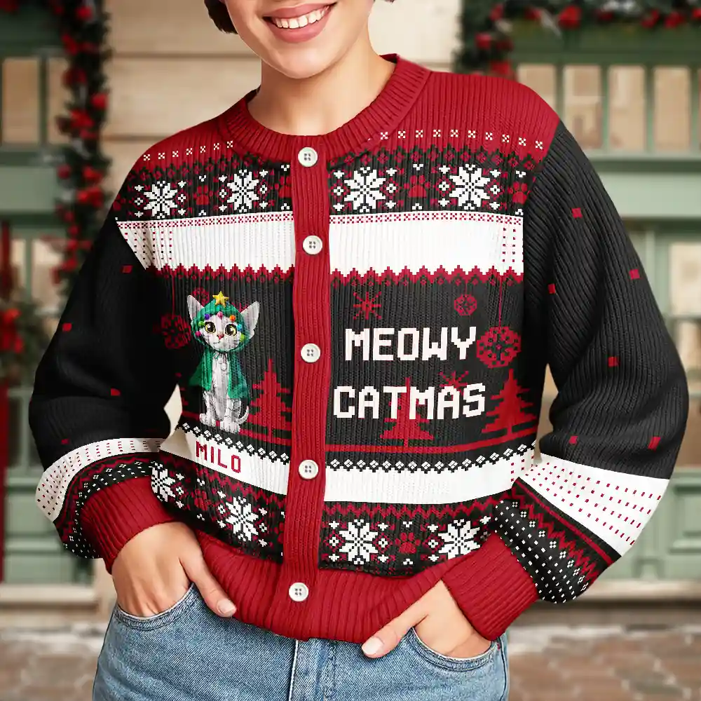 Meowy Catmas Funny 3D Effect Cats - Personalized Cardigan - Image 3
