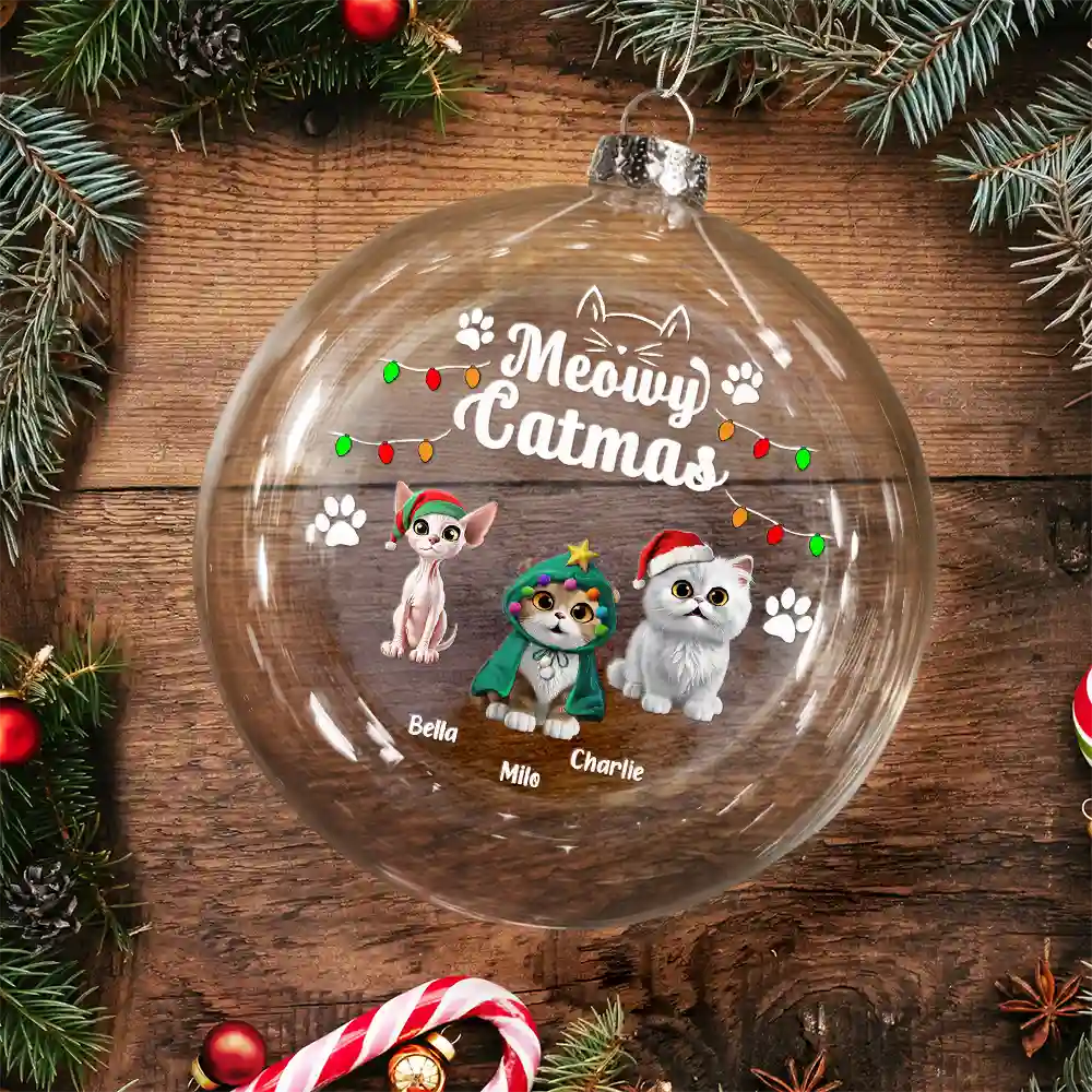 Meowy Catmas Funny 3D Effect Cats - Personalized Clear Flat Ball Ornament - Image 3