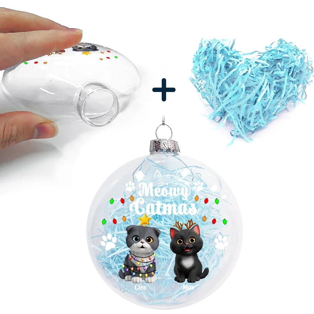Meowy Catmas Funny 3D Effect Cats - Personalized Clear Flat Ball Ornament - Image 5