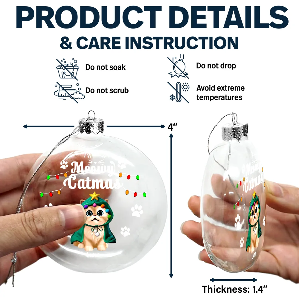 Meowy Catmas Funny 3D Effect Cats - Personalized Clear Flat Ball Ornament - Image 6