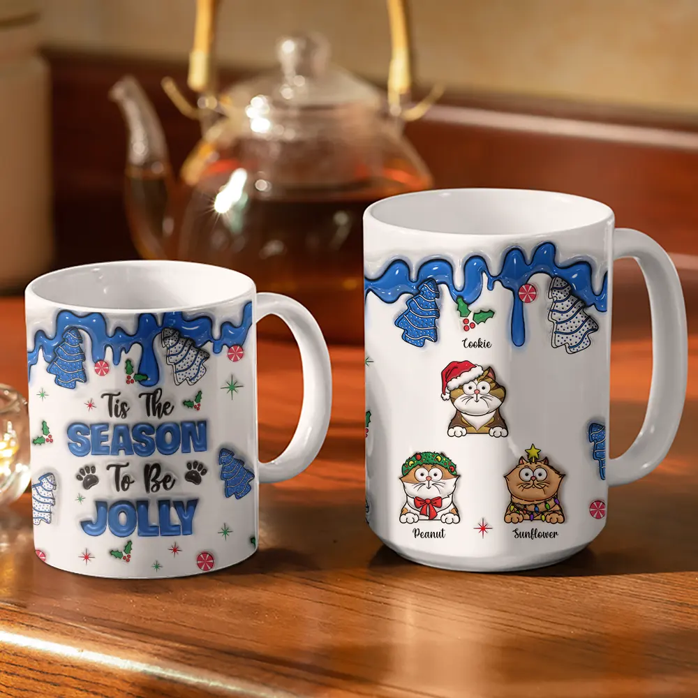 Meowy Catmas Funny Cartoon Cats - 3D Inflated Effect Printed Mug, Personalized White Edge-to-Edge Mug - Image 3