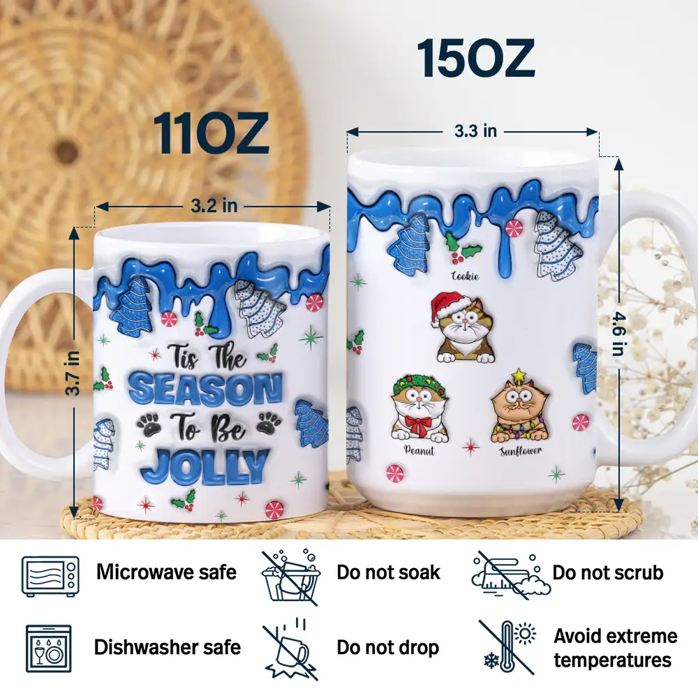 Meowy Catmas Funny Cartoon Cats - 3D Inflated Effect Printed Mug, Personalized White Edge-to-Edge Mug - Image 5