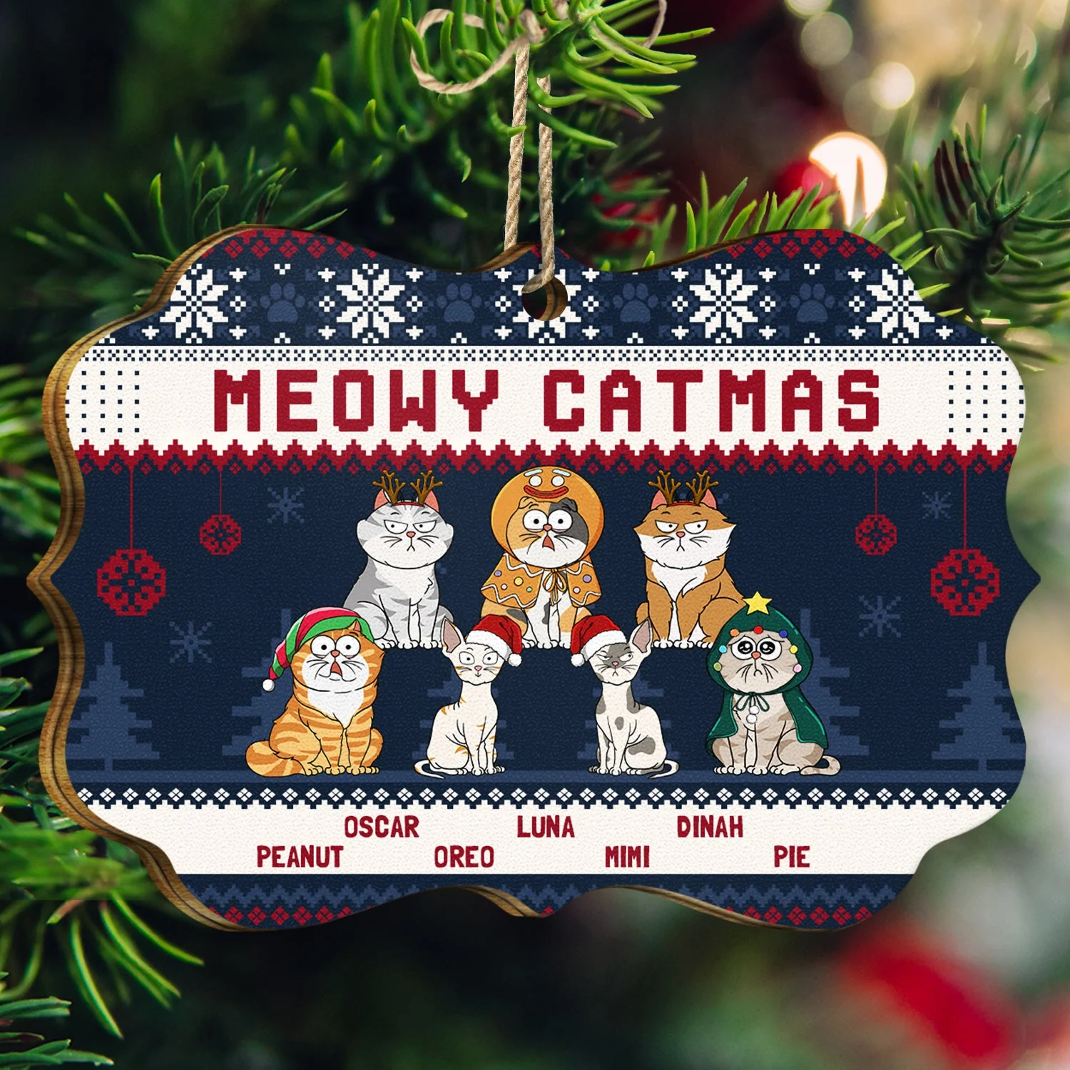 Meowy Catmas Funny Cartoon Cats - Christmas Gift For Cat Lovers, Cat Moms, Cat Dads - Personalized Medallion Wooden Ornament - Image 3