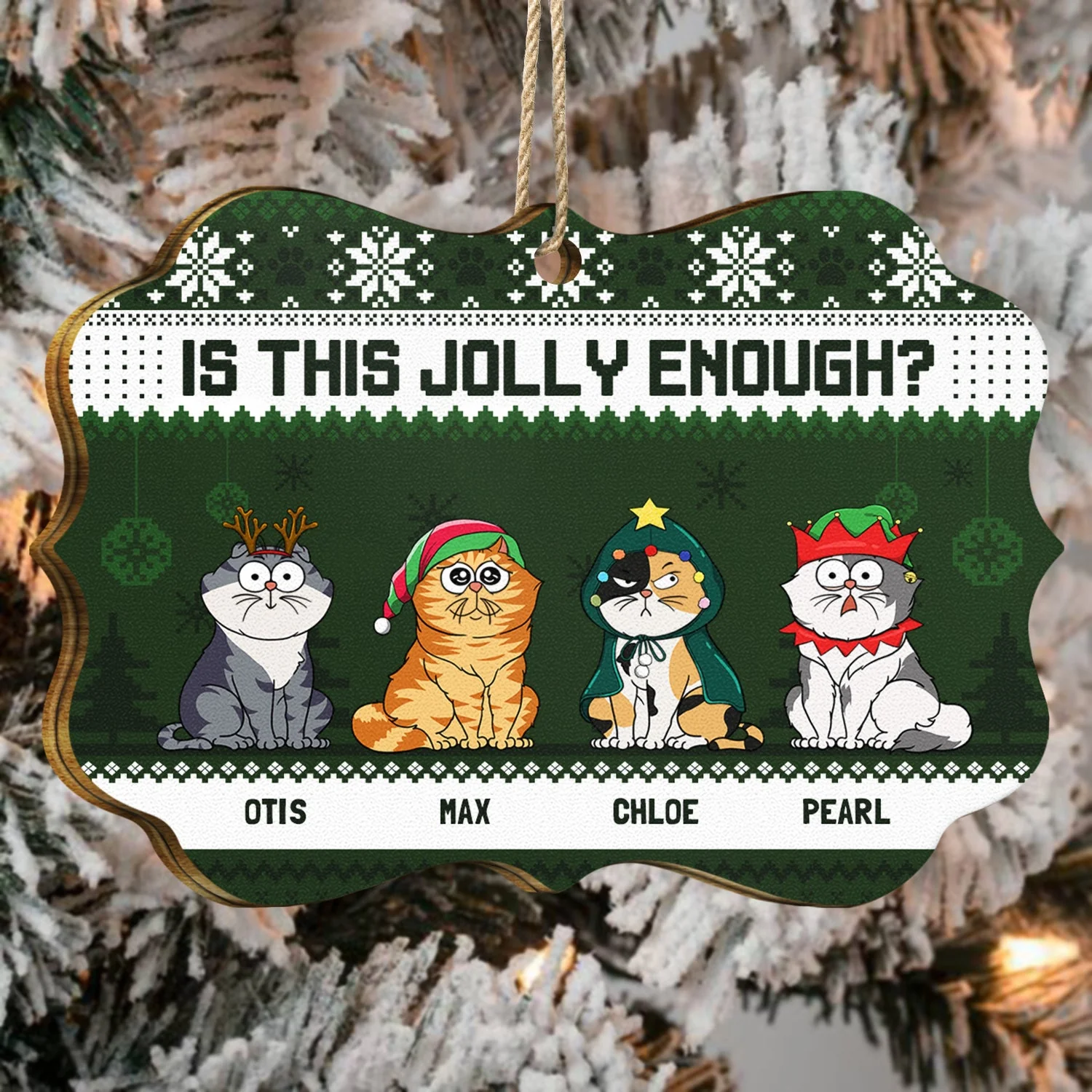 Meowy Catmas Funny Cartoon Cats - Christmas Gift For Cat Lovers, Cat Moms, Cat Dads - Personalized Medallion Wooden Ornament - Image 4
