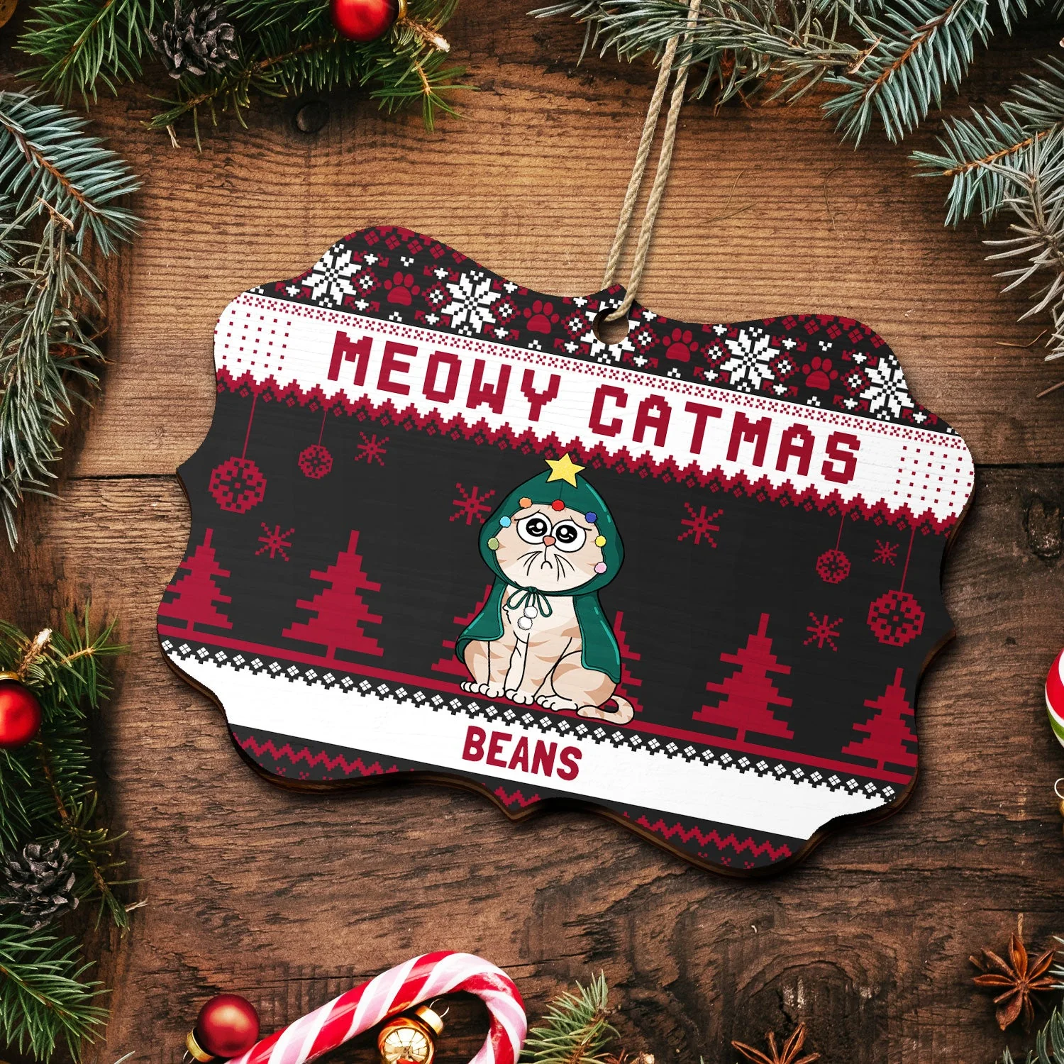 Meowy Catmas Funny Cartoon Cats - Christmas Gift For Cat Lovers, Cat Moms, Cat Dads - Personalized Medallion Wooden Ornament - Image 5
