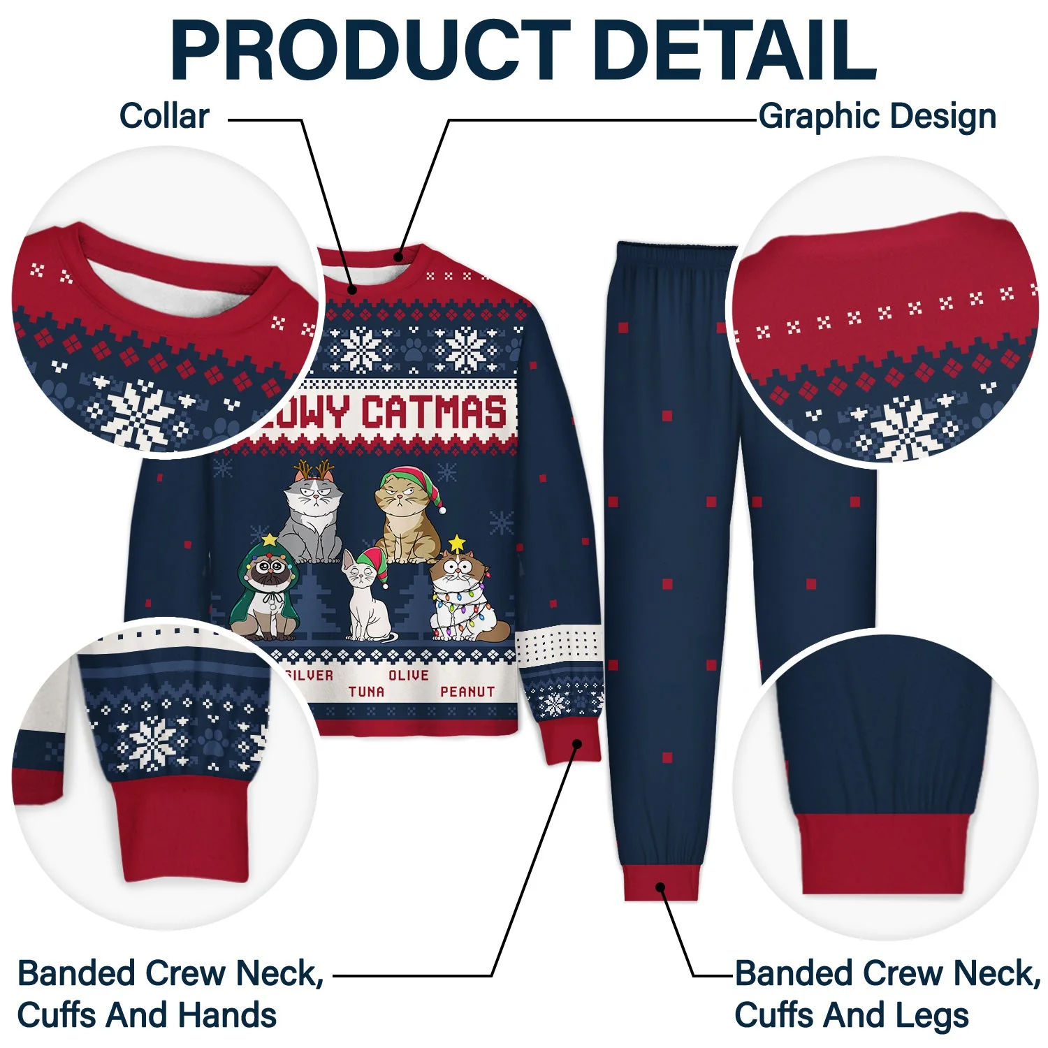 Meowy Catmas Funny Cartoon Cats - Christmas Gift For Cat Lovers, Cat Moms, Cat Dads - Personalized Unisex Pajamas Set - Image 4