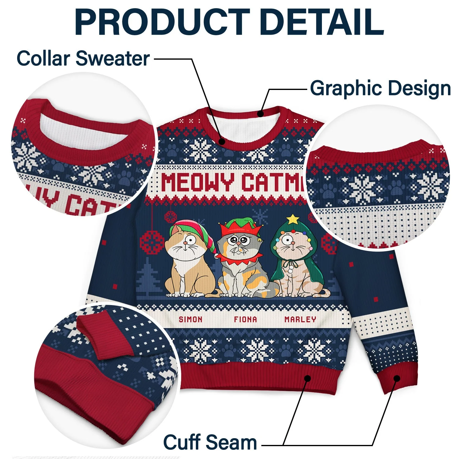 Meowy Catmas Funny Cartoon Cats - Christmas Gift For Cat Lovers, Cat Moms, Cat Dads - Personalized Unisex Ugly Sweater - Image 6