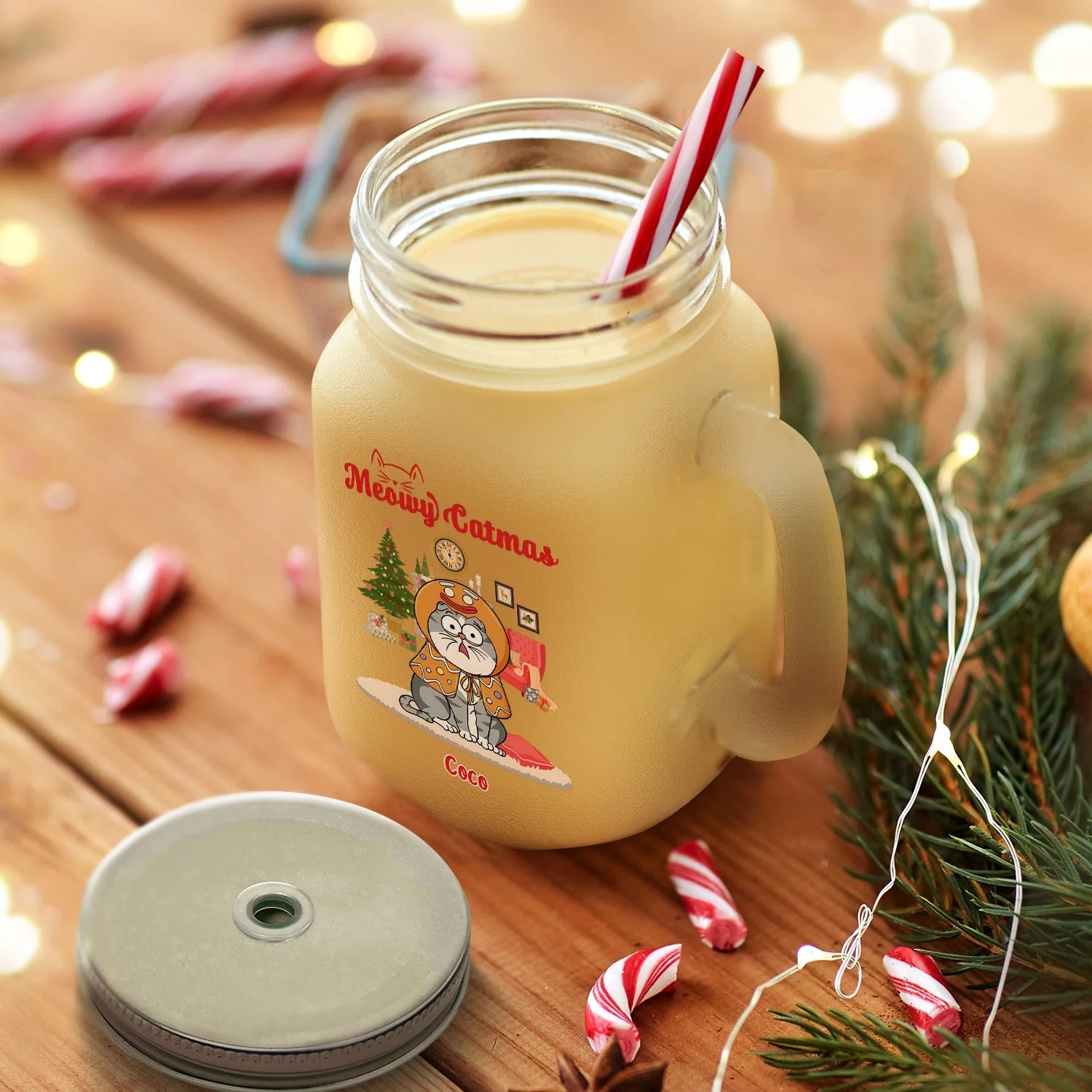 Meowy Catmas Funny Cartoon Cats - Christmas Gift For Cat Lovers - Personalized Mason Jar Cup With Straw - Image 2