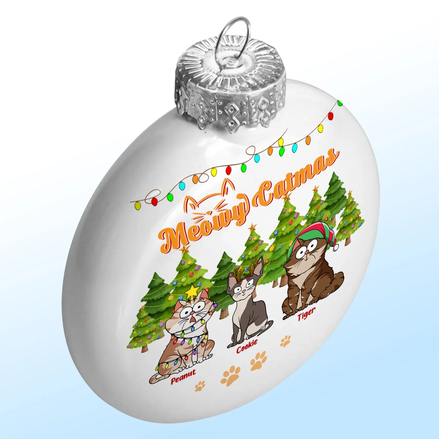 Meowy Catmas Funny Cartoon Cats - Christmas Gift For Cat Lovers - Personalized White Flat Ball Ornament - Image 2