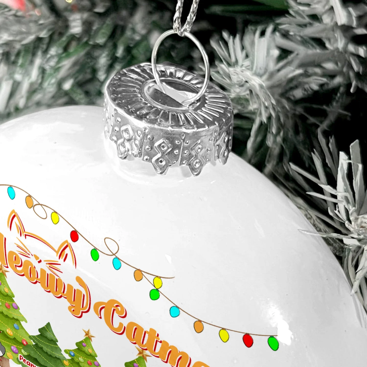 Meowy Catmas Funny Cartoon Cats - Christmas Gift For Cat Lovers - Personalized White Flat Ball Ornament - Image 5