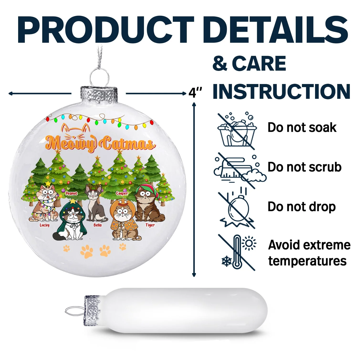 Meowy Catmas Funny Cartoon Cats - Christmas Gift For Cat Lovers - Personalized White Flat Ball Ornament - Image 6