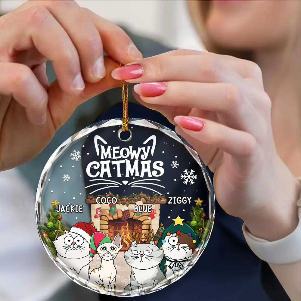 Meowy Catmas Funny Cartoon Cats - Personalized Circle Glass Ornament - Image 4