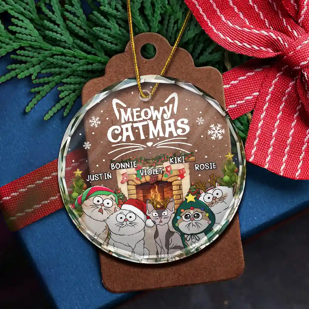 Meowy Catmas Funny Cartoon Cats - Personalized Circle Glass Ornament - Image 5