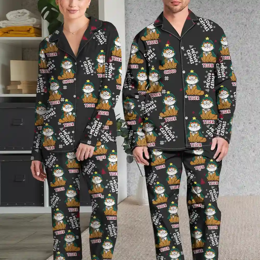 Meowy Catmas Funny Cartoon Cats - Personalized Long Pajamas Set - Image 3