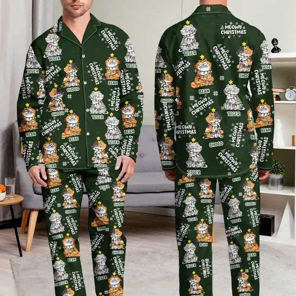 Meowy Catmas Funny Cartoon Cats - Personalized Long Pajamas Set - Image 5