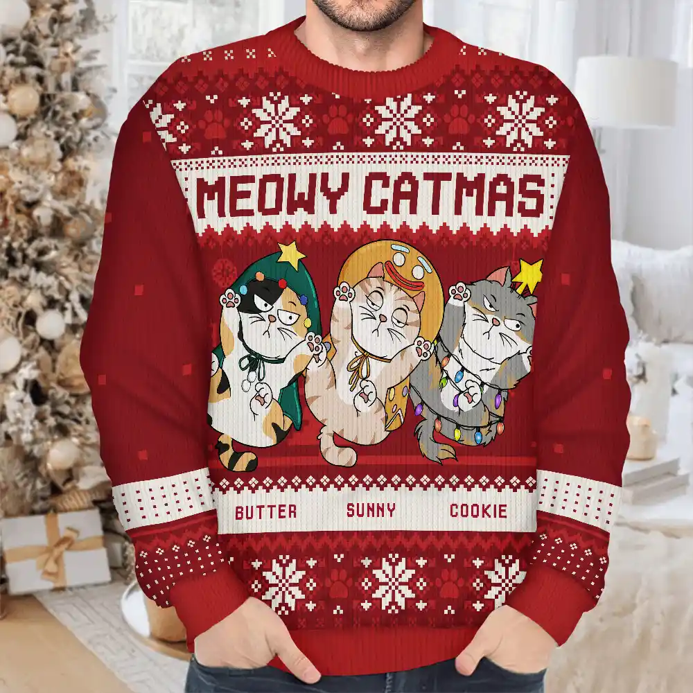 Meowy Catmas Funny Cats Showing Tummy - Personalized Unisex Ugly Sweater - Image 4