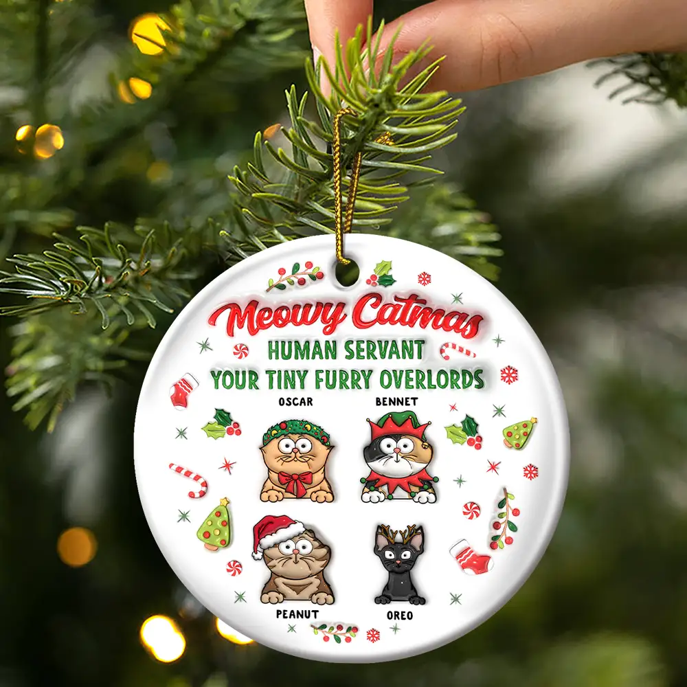 Meowy Catmas Human Servant - 3D Inflated Effect Printed Ornament, Personalized Circle Ceramic Ornament - Image 3