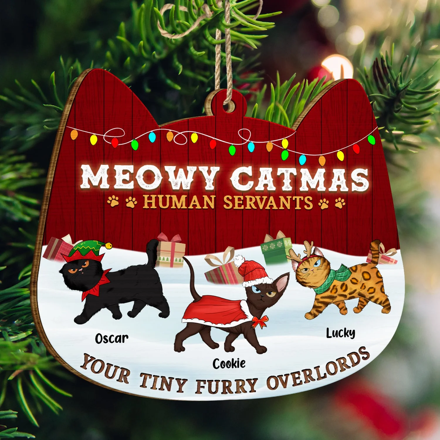 Meowy Catmas Human Servant Your Tiny Furry Overlord - Funny, Christmas Gift For Cat Lover, Pet Owner - Personalized Custom Shaped Wooden Ornament - Image 3
