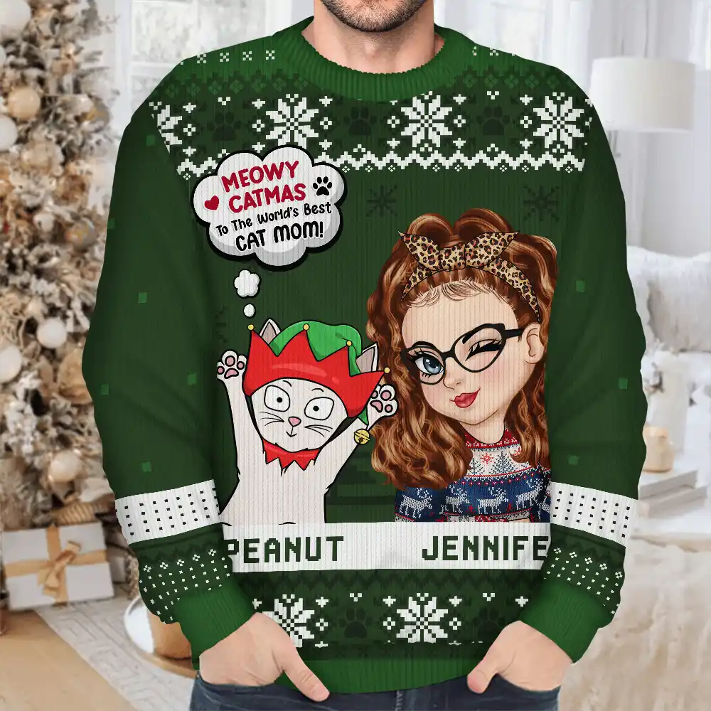 Meowy Catmas To The World's Best Cat Mom - Personalized Unisex Ugly Sweater - Image 4